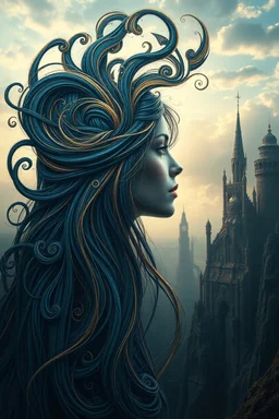 Prompt : A surreal, intricate composition featuring a profile of a woman whose hair blends seamlessly into a swirling,Rich shades of blue and gold dominate the image, creating a sense of depth. In the background, fantastical, towering structures rise against a softly lit sky, adding to the dreamlike quality of the scene.