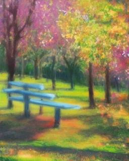 park fantastic dream, park bench, trees, birds, sunshine, mystical, pastel colors, acrylic painting, detailed, soft focus,