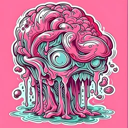 Vintage illustration of a slimy pink brain melting, cartoonist animation style, hand drawn, pastel color palette, gross art, pop punk, 90s anime inspired, airbrushing, post modern, horror cut, gradient chrome abberations, retro weird drawings