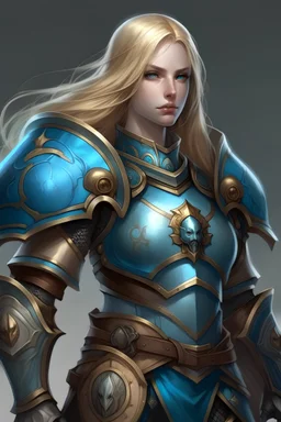 female with long blonde hair and blue eyes, wearing heavy armor, with shield, whole body