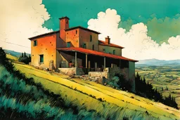 create a wildly abstract illustration of a highly detailed fortified Italian farmhouse in the hills of Tuscany in the comic book art style of Bill Sienkiewicz, and Jean Giraud Moebius, finely textured, drawn, colored, and inked