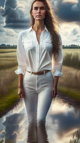 full body shot of a pretty woman, dressed in white shirt, full body portrait, nice perfect face with perfect face, hyper realistic concept, 8k resolution, photography quality, posing for a photo, photo realistic, standing in country side with a small river,nice cloudy sky