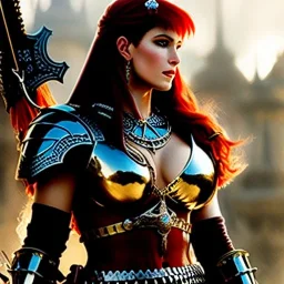 portrait beautiful face Red Sonja medieval metal armor balanciaga fashion clothe painting by gaston bussiere, greg rutkowski, yoji shinkawa, yoshitaka amano, tsutomu nihei, donato giancola, tim hildebrandt, oil on canvas, cinematic composition, extreme detail