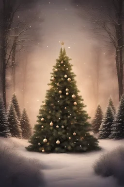 An idyllic image of a Christmas tree in a romantic style, focusing on the beauty of nature and warm, black and green colors
