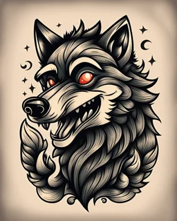 Vintage cartoon wolf. Whistling drawing, stylized , trAditional americana old school tattoo designed