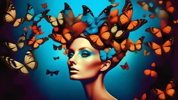 Surreal portrait of a woman with butterflies in her hair. Abstract photo in pop art collage style. Design ai