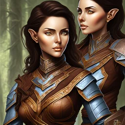 dungeons and dragons, female wood elf, druid, brown hair, brown eyes, full body, realistic face, short hair, large nose, closed mouth, leather armor, dark skin, one person, blue scarf