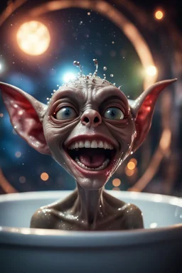 portrait through dirty warped lens of ultimate transcendent happy chat gremlin vampire alien frown with spotlights and huge dripping tounge sticking head out of a bathtub portal, in front of space portal dimensional glittering device, bokeh like f/0.8, tilt-shift lens 8k, high detail, smooth render, down-light, unreal engine, prize winning