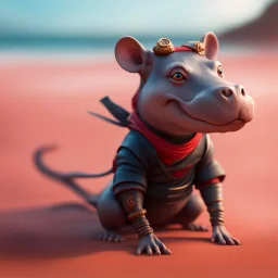 elongated female ninja dog rat hippo witch on the red sand beach ,bokeh like f/0.8, tilt-shift lens 8k, high detail, smooth render, down-light, unreal engine