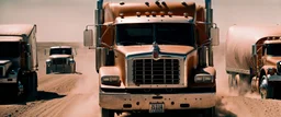 Long haul Trucker liberation army, Alberta Desert, cinematic, Fuji Film, Anamorphic lens, 2040s, deep depth of field, in a Cyber punk WW3 film