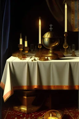 stilleben in der kirche, dunkler hintergrund, kerze auf tisch, edle teppich tischdecke, mittelalter, oil auf leinwand, scharfe details, maler Pieter Claesz