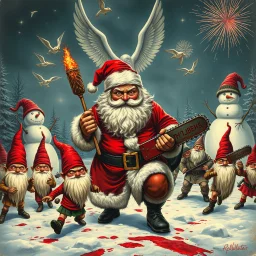 there is no kebabs at christmas, evil Santa, evil gnomes running around, staring flaming eyes, evil Rudolf, very big evil melting angry Frosty the snowman in background, 1940 christmas postcard, blood stains, Flying angels, Santa holding a chainsaw, fireworks, nude Santa wife