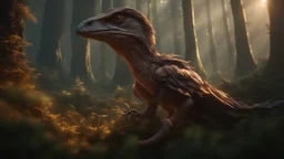 raptor with feathers in magical mushroom forest, 8k resolution, ultra detailed, unreal engine 5, masterpiece