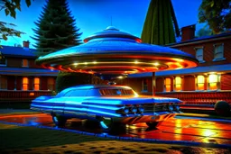 award winning car and driver digital 64k photorealistic image of a futuristic used UFO station wagon designed by an unknown alien civilization for sale in the front yard of a kentucky home, only one vehicle per image painted metallic orange traveling at a high rate of speed,the rear with bright blue flame, bilaterally symetrical