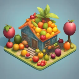 create a plate fruits into cartoonist hut style model isometric view for mobile game bright colors render game style