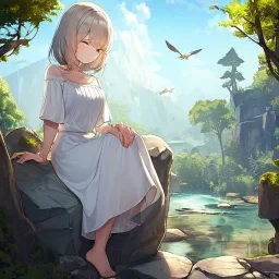 anime girl meditating, rock trees, birds, creek, meditation pose, girl wearing white dress, rear facing, girl is sitting on rock far away