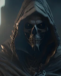 Photoreal Gorgeous Stealthy hooded skeleton wizard forgotten realms by lee jeffries, 8k, high detail, smooth render, unreal engine 5, cinema 4d, HDR, dust effect, vivid colors