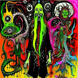 Lovecraftian Wizard of Odd, by Jonathan Meese, hallucinogenic, macabre, deep colorful hues, moody, dramatic