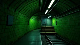GAME CONCEPT ART .two poin perspective.Station platform and stairs from side .photograph inside of hole .Inside the old subway tracks, . Low light and closed green moss walls. Like the original design of the game space ,digital art.landscape,far camera old painting,2 Chen and George Hopper, Rembrandt lighting, a dark green color scheme, . --ar 13:16 --v 6. 0 metro game
