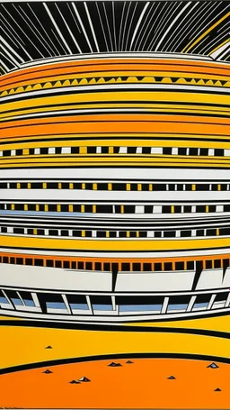 An orange colored fighters' coliseum painted by Roy Lichtenstein