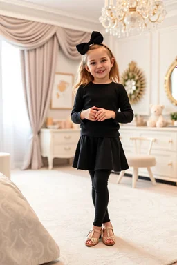 a 6 years old girl in modern clothing and makeup standing pose with cute and joy with pertty shoes in a very large luxury baby bedroom