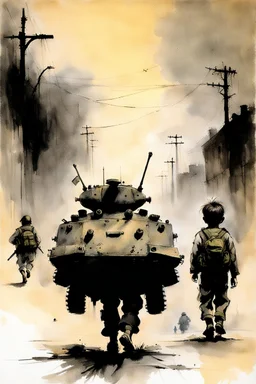 The nightmare small child having a bag pack walks in the streets, at war time , a tank in the street with some soldiers illustration by Stephen Gammell