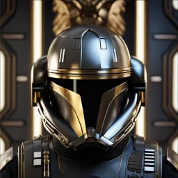 star wars bald male corellian pilot wearing pearlescent black and gunmetal grey First Order special forces heavy assault armor and helmet with gold trim inside the jedi temple, centered portrait, hyperdetailed, dynamic lighting, hyperdetailed background, 8k resolution, volumetric lighting, light skin, fully symmetric details