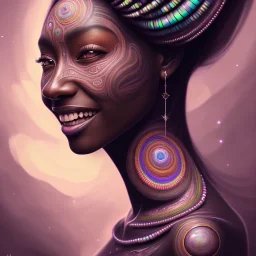 Portrait of black woman psychedelic, smiling, sango fantasy, fantasy magic, intricate, sharp focus, illustration, lot's of grain on the skin, tribal tatoos,highly detailed, digital painting, concept art, matte, masterpiece, one head, high key lighting, volumetric light high details psychedelic background