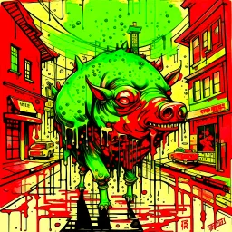 Album art for "Stroll in the Pork" by PIG; textured dripping watercolor by Derek Riggs, concept art, highly detailed, violent color red, black and green, by Godmachine.