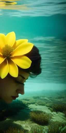 Fenasi Kerim underwater with yellow flowers for hair, closed eyes, rtx, reflection, 8k, glow, winning photography, caustics