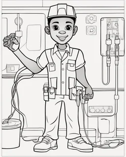 coloring page, depicting a black boy as a Electrician, full body, outline, black and white, highly defined, well defined, white background, empty background, cartoon style, coloring book style