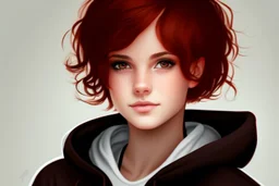 A beautiful young woman with brown eyes and short red hair wearing a black hoodie.