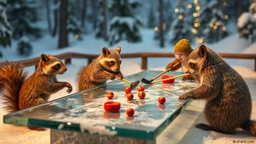 ice bear squirrel raccoons squids playing mini golf nuts hockey on super long glass table on ceres