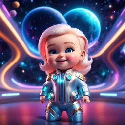 (masterpiece, best quality, 8k, RAW photo, beautiful and aesthetic:1.2), complex detail, Indirect light, photorealistic, (((full body))), Cosmic Boss Baby style smiling, Long clear curvy hair, colorfull Sci-Fi environment