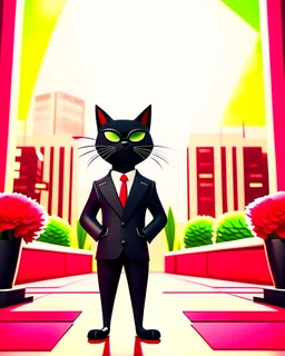 Medium shot illustration of a hitman cat wearing a suit and sunglasses. He is standing in a room with a red carpet and a flower pot. The background is blurred and contains a cityscape. Ultra quality