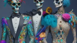 Surreal Painting Entitled "Homo Consumerist"; A Partially Skeletonized Celebrity Couple Wearing Haute Couture Made Out Of Bits And Pieces Of Colorful Items From The Mysterious Depths Of A Bird's Nest.