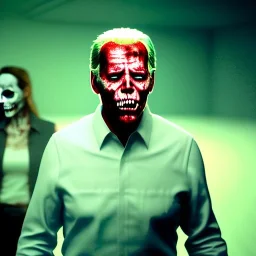 Ultra realistic image, joe biden zombie, zombie performance, skull, grey glow eyes. green blood, torn arm, night, walking twisted, waist up view, thriller style, dark ambient, highly detailed, White House background, concept art, unreal engine 5, god rays, ray tracing, RTX, lumen lighting, ultra detail, volumetric lighting, 3d, finely drawn, high definition, high resolution.