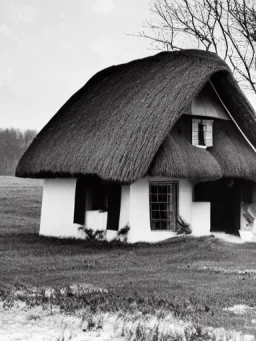  a small ukrainian white house with a thatched roof in a big dark wide field Christmas carols with a Christmas star in the style of old photos