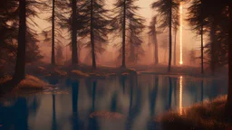 lake in a burning forest, sky View realistic, cyberpunk modern photorealistic, in the style of , Deviant art, sunlight, post-processing intricate details Octane elegant Unreal Engine cinematic fine details reflections