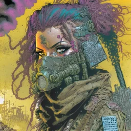 front facing full length portrait illustration of a grunge armored female with beaded dreadlock hair cyberpunk vampire mercenary with gas mask, telecommunications headset, and shemagh, highly detailed with gritty post apocalyptic textures, toxic irradiated landscape, finely detailed facial features and hair, in the graphic novel style of Bill Sienkiewicz, and Jean Giraud Moebius, with elements of collage, mimeograph, and pen and ink, realistic light and shadow