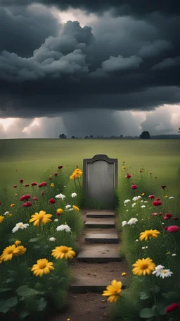 a lonely grave strewn with flowers in the middle of a field against the backdrop of gloomy thunderclouds
