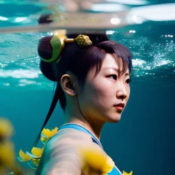 Chun-li underwater with yellow flowers for hair, closed eyes, rtx, reflection, 8k, glow, winning photography, caustics