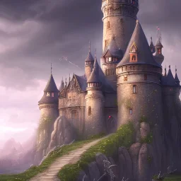 old castle on a hill as a backround, closeup face of old wizard in foreground, detailed fantasy concept art