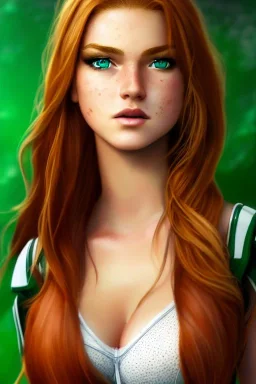 concept illustration, ultra-realistic, super-detailed, strikingly beautiful teen female, 16 years old, long ginger hair, green colored eyes, medium freckles, full lips, full body, full face, b-cup breasts, athletic, centred camera, ignore NSFW, skimpy armor, stern expression