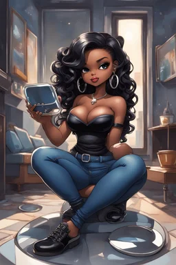 Create a futurism magna art of a black chibi curvy female sitting on the floor looking at herself in a hand mirror. She is wearing tight blue jeans and a black off the shoulder blouse. Prominent make up with lush lashes. Highly detailed long wavy hair. She is also wearing silver large hoop earringsart of a black chibi curvy female sitting on the floor looking at her cell phone. She is wearing tight blue jeans and a black off the shoulder blouse. Prominent make up with lush lashes.