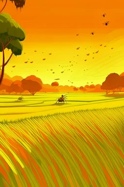 Rice field，Trees，Warm color palette，Animation，Fried grasshopper，A lovely grasshopper