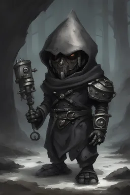 dark small robot gnome, hooded, no beard, in a fantasy style