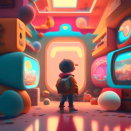 Kid trapped inside a videogame world, warm palette colorful, soft shapes and objects hall, nintendo world, arcade videogame monitors, octane render, volumetric lighting, ray tracing, intricately detailed, fantasy
