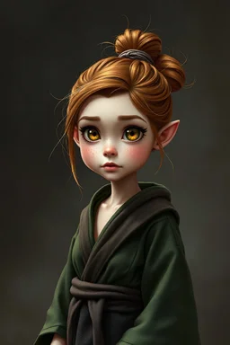 Masterpiece, hyper-realistic, extremely detailed, High-quality, high-resolution, Halfling, petite woman with a lithe and athletic build, standing barely over three feet tall. Her warm chestnut hair is always tied into a practical bun, with a few loose strands framing her round, freckled face. Her golden-brown eyes shimmer with keen observation, always taking in her surroundings. She wears simple but elegant robes in shades of deep green and brown, favoring loose, breathable fabrics.