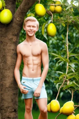 full body image of a beautiful 12 year old boy with long, blonde curly hair and light blue eyes, smiling, shirtless, in front of an distant mango tree, 8k